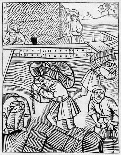 Trasportatori di fieno nel Medioevo - incisione in "La Marine et les colonies: commerce" da French School