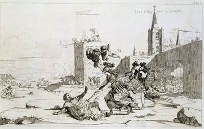 Caricatura raffigurante Mademoiselle de Montpensier (Grande Mademoiselle) "spazzando fuori dalla Francia Mazarin e i suoi partigiani" da French School