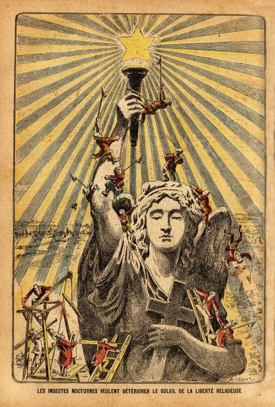 Cartone animato per la chiesa, "insetti notturni vogliono peggiorare il sole della libertà religiosa"", nel dibattito politico che agitava la Francia all