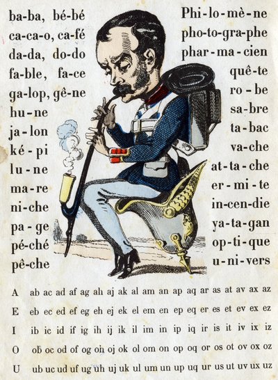 Cartone animato in un abito da battaglia prussiano. ABC militare (alfabeto - abecedario). Immagini di Epinal da French School