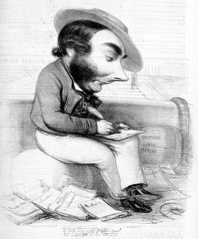 Caricatura di Eugène Sue che scrive, circondato dalle sue pubblicazioni seriali nella stampa - in 