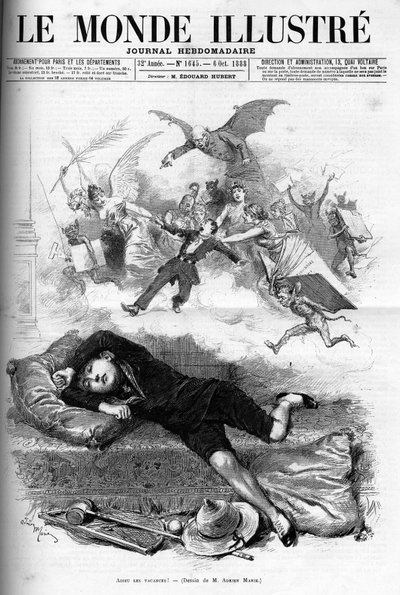 Cartone animato di un giovane scolaro che rimprovera la fine delle vacanze avvicinandosi alla classe in affitto nel 1888. da French School