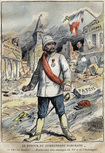 Cartone animato sul comandante Jean-Baptiste Marchand, a Tolone, di ritorno da una missione di esplorazione in Africa. Incisione in "Le Pelerin" 4/06/1899 da French School