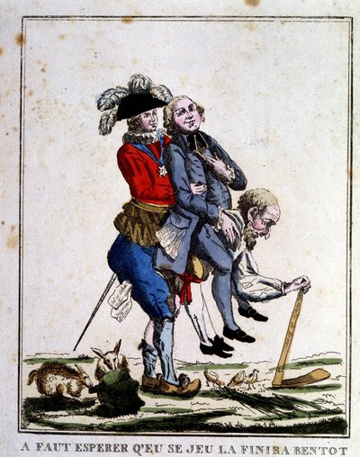 Cartone sulle tasse prima della Rivoluzione: Clero e Nobiltà che vivono sulle spalle del Terzo Stato, circa 1789 da French School
