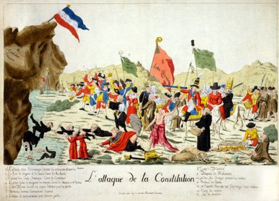 Caricatura che mostra membri di vari gruppi che attaccano una roccia, identificata come "Costituzione francese", su cui riposa la bandiera francese con l