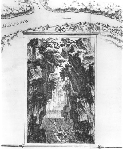 Cartiglio raffigurante La Condamine su una zattera sul Rio delle Amazzoni, su una mappa chiamata Carte du detroit appele Pongo de Manseriche dans le Maragnon ou la riviere des Amazones, illustrazione da Histoire de l