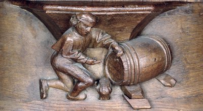 Intaglio raffigurante un uomo che mette un rubinetto su una botte, da un coro dell