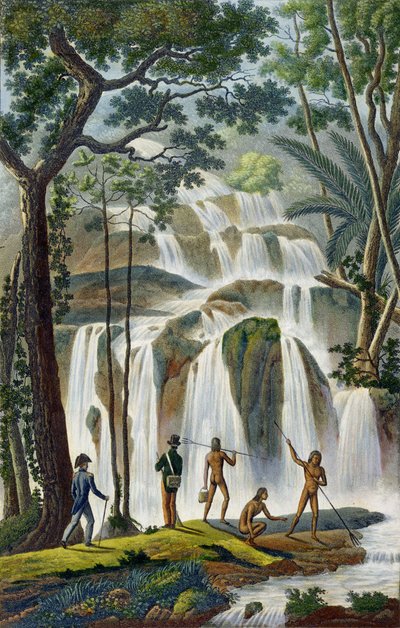 Cascata di Port Praslin, Nuova Irlanda, da Voyage autour du Monde, eseguito per Ordine del Re sulla Corvetta di Sua Maestà, La Coquille durante gli anni 1822, 1823, 1824 e 1825, di Louis Isidore Dup da French School