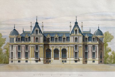 Castello di Neuflize appartenente ai Fratelli Pate, facciata del giardino, illustrazione da Le Moniteur des architectes, 1884, inciso da F. Penel da French School