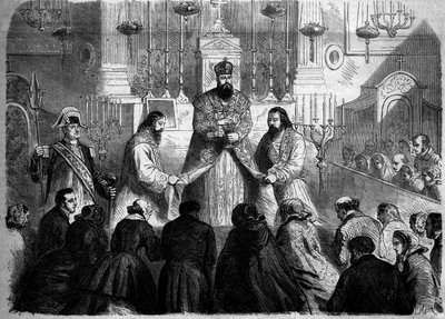 Rito cattolico - Messa - 26 gennaio 1860: Messa celebrata secondo il rito armeno dal superiore dei Mechitaristi nella chiesa di Notre Dame des Victoires, Parigi. Incisione in "Le Monde Illustré" n.147 del 4 febbraio 1860. da French School
