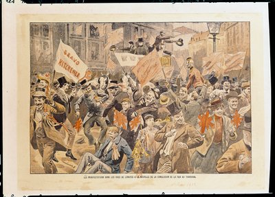 Celebrazioni nelle strade di Londra dopo la notizia della conclusione della pace nel Transvaal, maggio 1902 (stampa) da French School