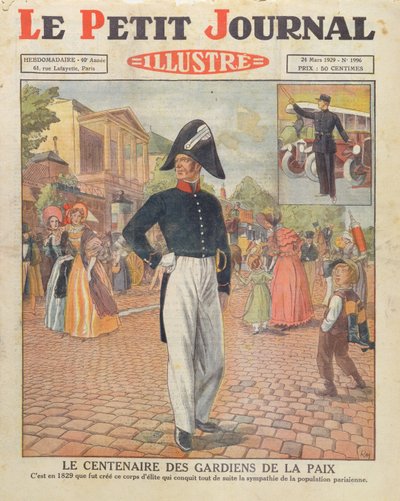 Centenario dei Gardiens de la Paix, illustrazione di copertina di Le Petit Journal, 24 marzo 1929 da French School
