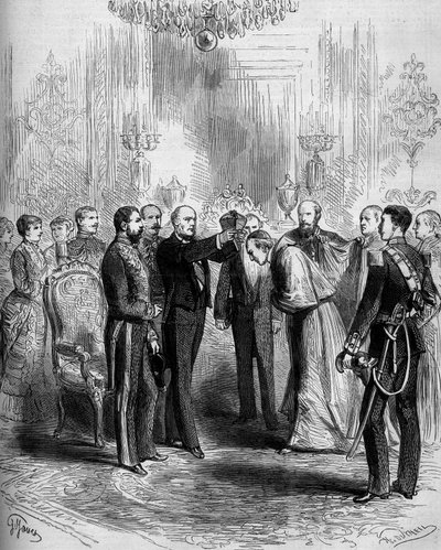 Cerimonia per la presentazione delle insegne cardinalizie: Pier Francesco Meglia (1810-1883) riceve il mantello rosso cardinalizio mentre Jules Grévy (1807-1891) gli pone sulla testa la berretta cardinalizia. Parigi, Palais de l