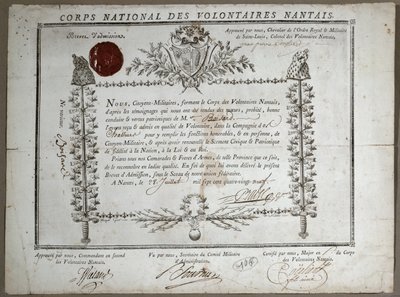 Certificato di ammissione alla Guardia Nazionale dei Volontari di Nantes, 1789 da French School