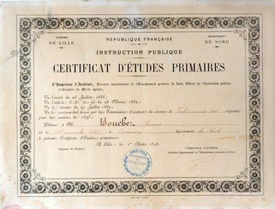 Certificato di istruzione primaria, Accademia di Lille, 1898 (inchiostro su carta) da French School