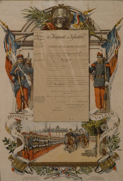 Certificato di buona condotta, 37° Reggimento di Fanteria, 1896 da French School