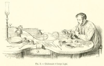 Chalumeau e lampada a gas (incisione) da French School