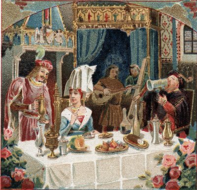Ciambellano Jehan de Saintre che serve una bevanda alla Dama di Belles Cousines (Belles-Cousines) a un banchetto al Castello d