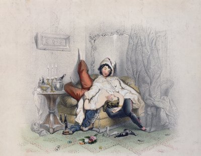 Champagne e amore, una coppia amorosa addormentata dopo la sesta bottiglia di champagne, inciso da Bettannier Frères, Parigi, 1852 da French School
