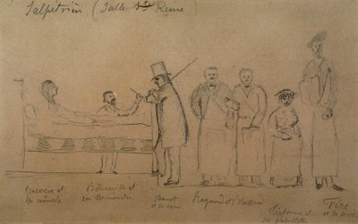 Charcot disegnato da uno dei suoi studenti. Da sinistra a destra: paziente Genevieve in camicia di forza, Dottor Desire Magloire Bourneville con un termometro, Jean Martin Charcot, Raymond e Brissaud, Me Tirperme e Charles Fere. Sala della Regina Santa, Os da French School