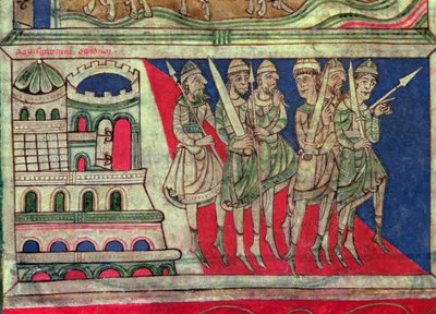 Carlo Magno lascia Aquisgrana per viaggiare a Santiago de Compostela, miniatura dal 