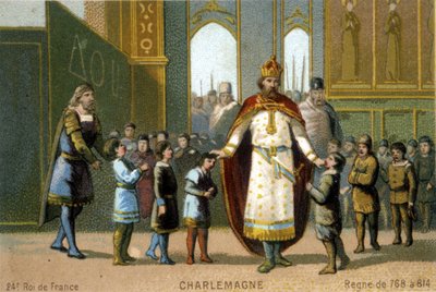 Carlo Magno visita una scuola - cromolitografia del XIX secolo da French School