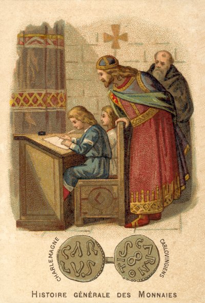 Carlo Magno che osserva i bambini scrivere a scuola da French School