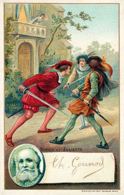 Charles Gounod, compositore francese, e una scena dalla sua opera Romeo e Giulietta da French School
