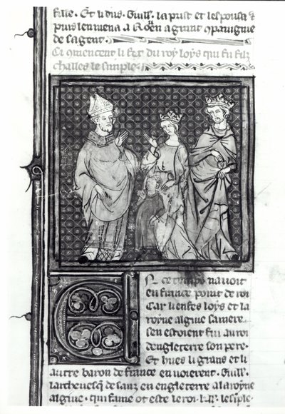 Carlo III il Semplice con sua moglie e suo figlio, Luigi IV, Grandes Chroniques de France, 1375-79 da French School