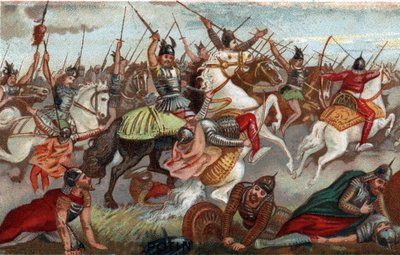 Carlo Martello ferma i musulmani alla battaglia di Poitiers nel 732. Cromolitografia del XIX secolo. da French School