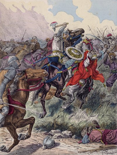 Carlo Martello alla battaglia di Poitiers, 732 (litografia a colori) da French School