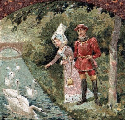 Carlo VII (1403-1461) con la sua favorita, Agnese Sorel (nota come la Dama di Beaute sur Marne (Beaute-sur-Marne) (1422-1450) che nutre i cigni nel parco del castello di Savigny sur Orge (Savigny-sur-Orge). Cromolitografia della fine del XIX secolo da French School