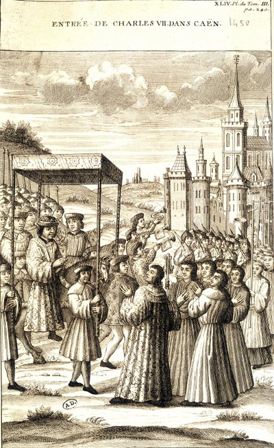 Carlo VII entra a Caen nel 1450 da French School