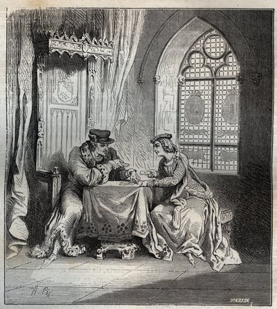 Carlo VI e Odette de Champdivers - Re Carlo VI di Francia, noto come Carlo il Beneamato, poi Carlo il Folle, con la sua amante Odette de Champdivers giocano a carte incisione in "Paris a travers les siècles" da French School