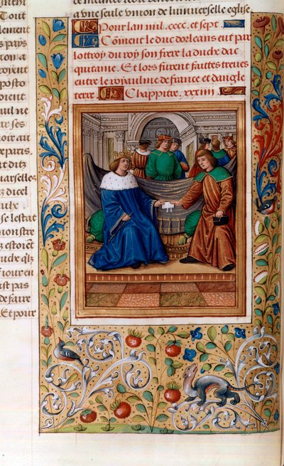 Carlo VI e Enrico V firmano il "Trattato di Troyes" nel 1420, illustrazione dalle "Cronache di Monstrelet" da French School