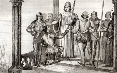 Carlo V (1358-80) il Saggio presenta la sua spada a Duguesclin, da 