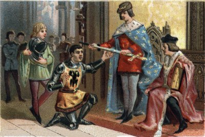 Carlo V il Saggio (1338-1380) consegna solennemente la spada del connestabile Bertrand du Guesclin (1320-1380). da French School
