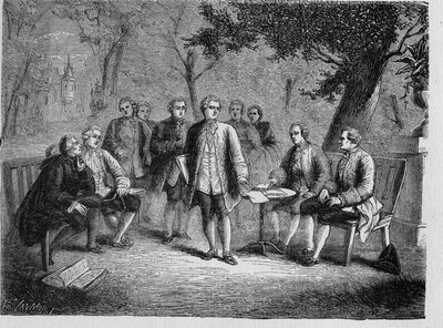 Charles de Secondat Montesquieu con il cenacolo scientifico al Castello di Clairac, Francia - Le cenacolo scientifique du chateau de Clairac: Montesquieu et le baron de Secondat, son, le chevalier de Vivens, Romas et les frères Dutilh - in "Album de la Sci da French School