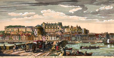 Castelli della Loira: vista del castello di Amboise in Indre e Loira nel XVIII secolo. Incisione d