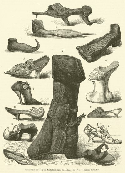 Scarpe esposte al Museo storico del costume, nel 1874 da French School