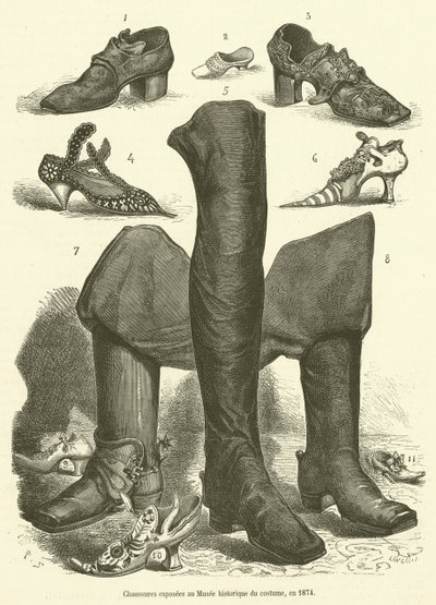 Scarpe esposte al Museo storico del costume, nel 1874 da French School