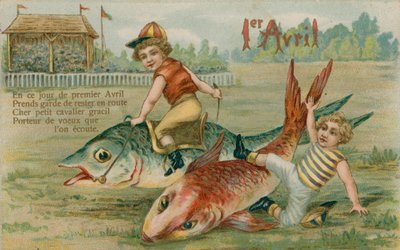 Fantini bambini che corrono pesci, cartolina del 1 aprile 1913 da French School