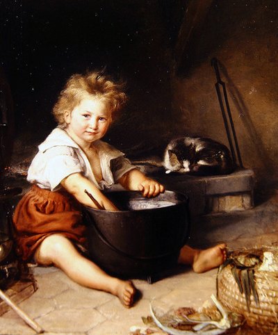 Bambino con gatto in un interno da French School