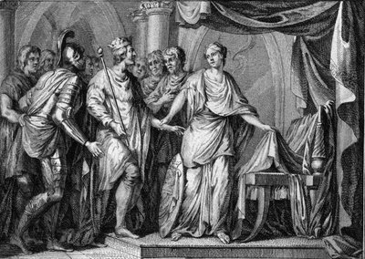 Childeberto II (570-596), re di Austrasia, prese possesso del regno di Borgogna e Orleans dopo la morte di Gontrano I nel 592. Incisione del XVIII secolo da French School