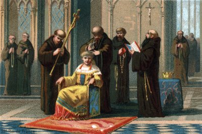 Childerico III, re dal 742 al 752, nel monastero di Saint Bertin, vicino a Saint-Omer, dove fu rinchiuso dal sindaco del palazzo australiano, Carlo Martello, 737. Cromolitografia intorno al 1890. da French School