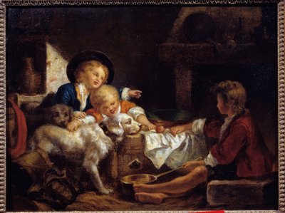 Bambini Tre bambini piccoli e due cani in un fienile. Pittura della Scuola Francese. 18° secolo Collezione privata da French School