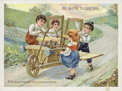 Bambini che trasformano una carriola in un veicolo da French School