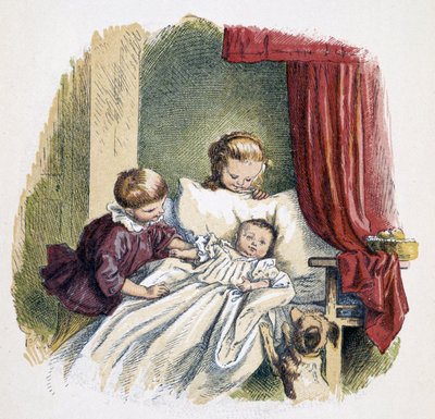Bambini che giocano con una bambola in "Schnik, schnak, trifles for the little ones", giochi per bambini. ed. London- Georges Ronthedge and sons. New York, The broad way Ludgate n.d. c. 1890. da French School