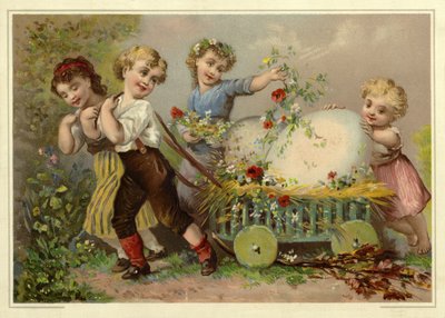 Bambini che tirano un enorme uovo di Pasqua da French School