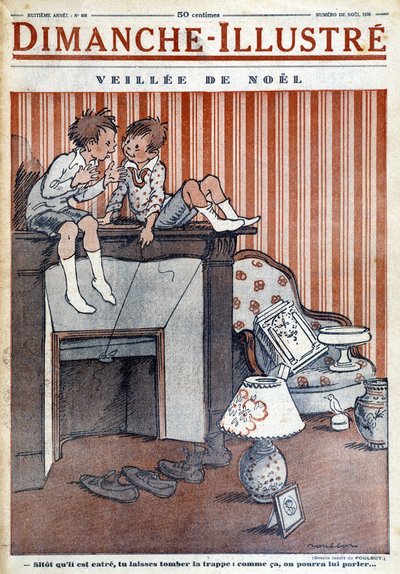 Bambini seduti sul camino, intrappolano una trappola per Babbo Natale, per il giornale di Natale 1930 "Le Dimanche illustré" da French School